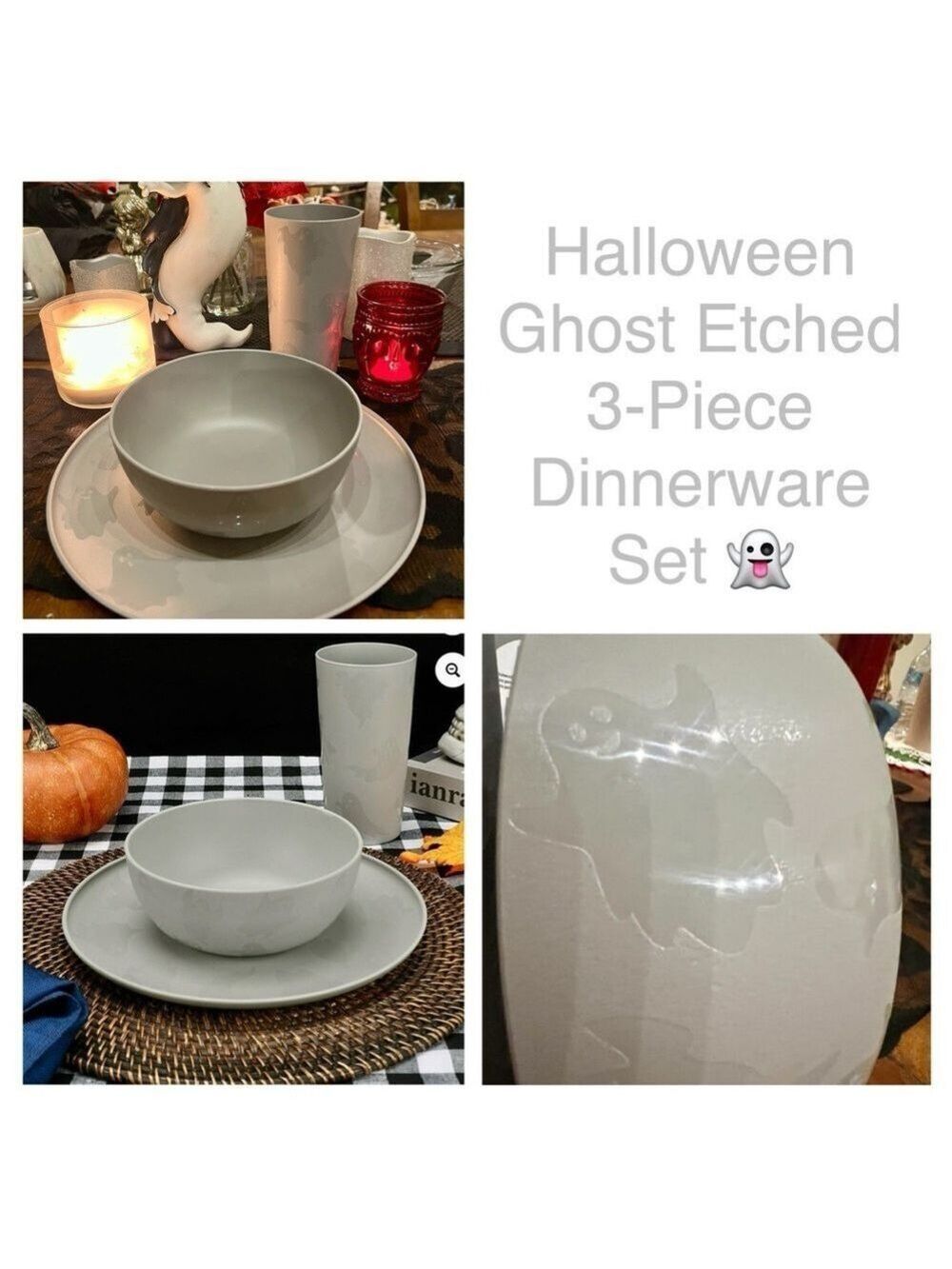 👻New Halloween Ghost Etched 3-Piece Dinnerware Set Plate Bowl Tumbler - Gray